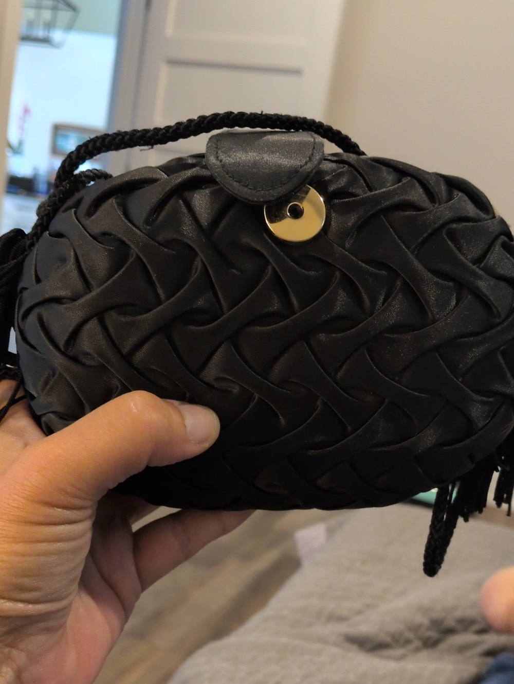 Black Woven Satin Evening Clutch with Gold Snap